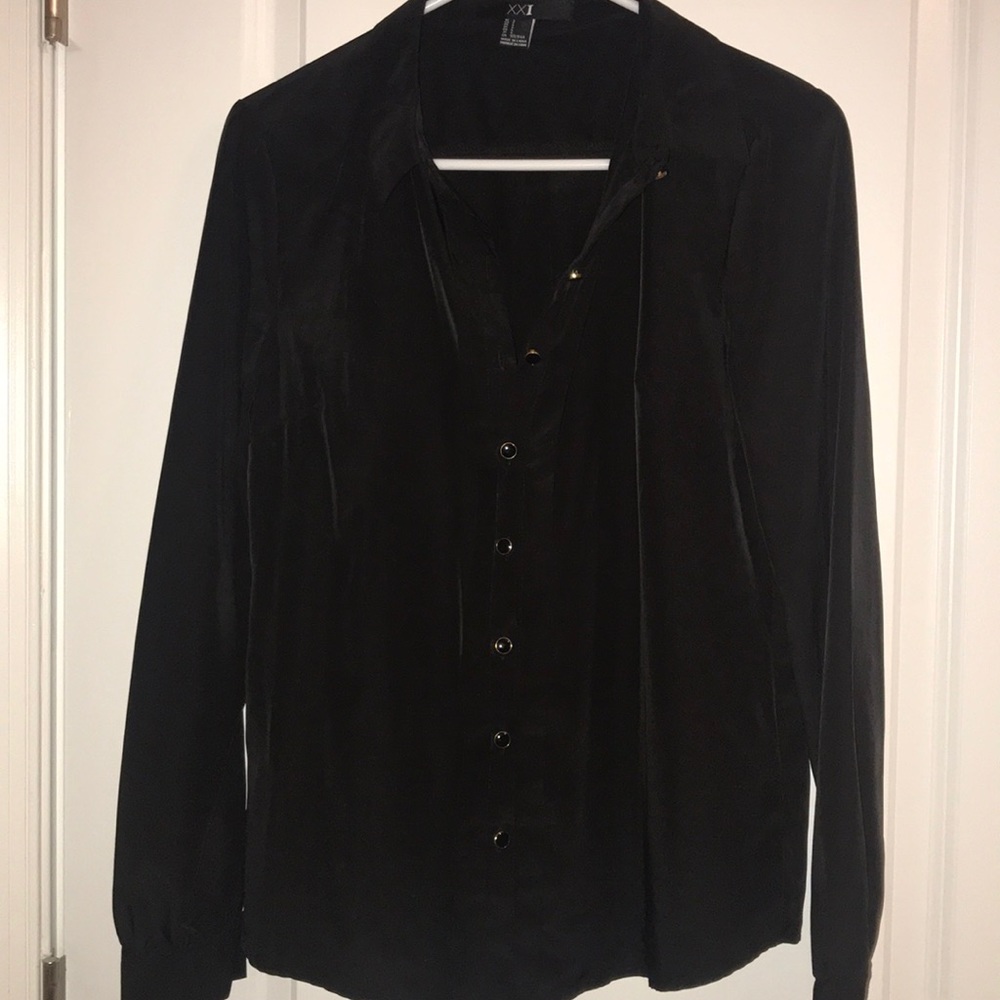 Black polyester button down with gold/black button